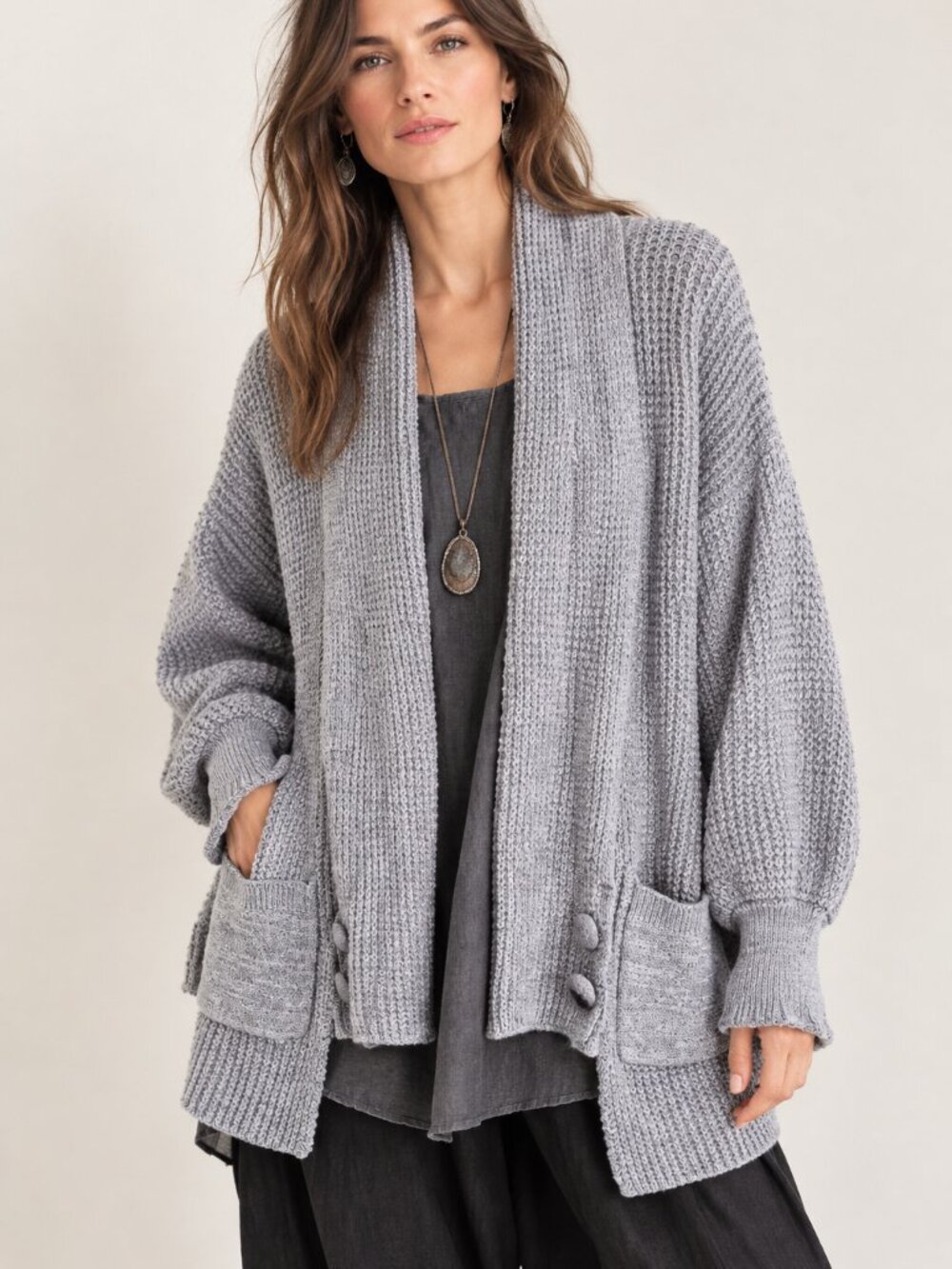 Soft Surroundings Cardigan Sweater Chunky Oversized Waffle Knit size L Gray Boho